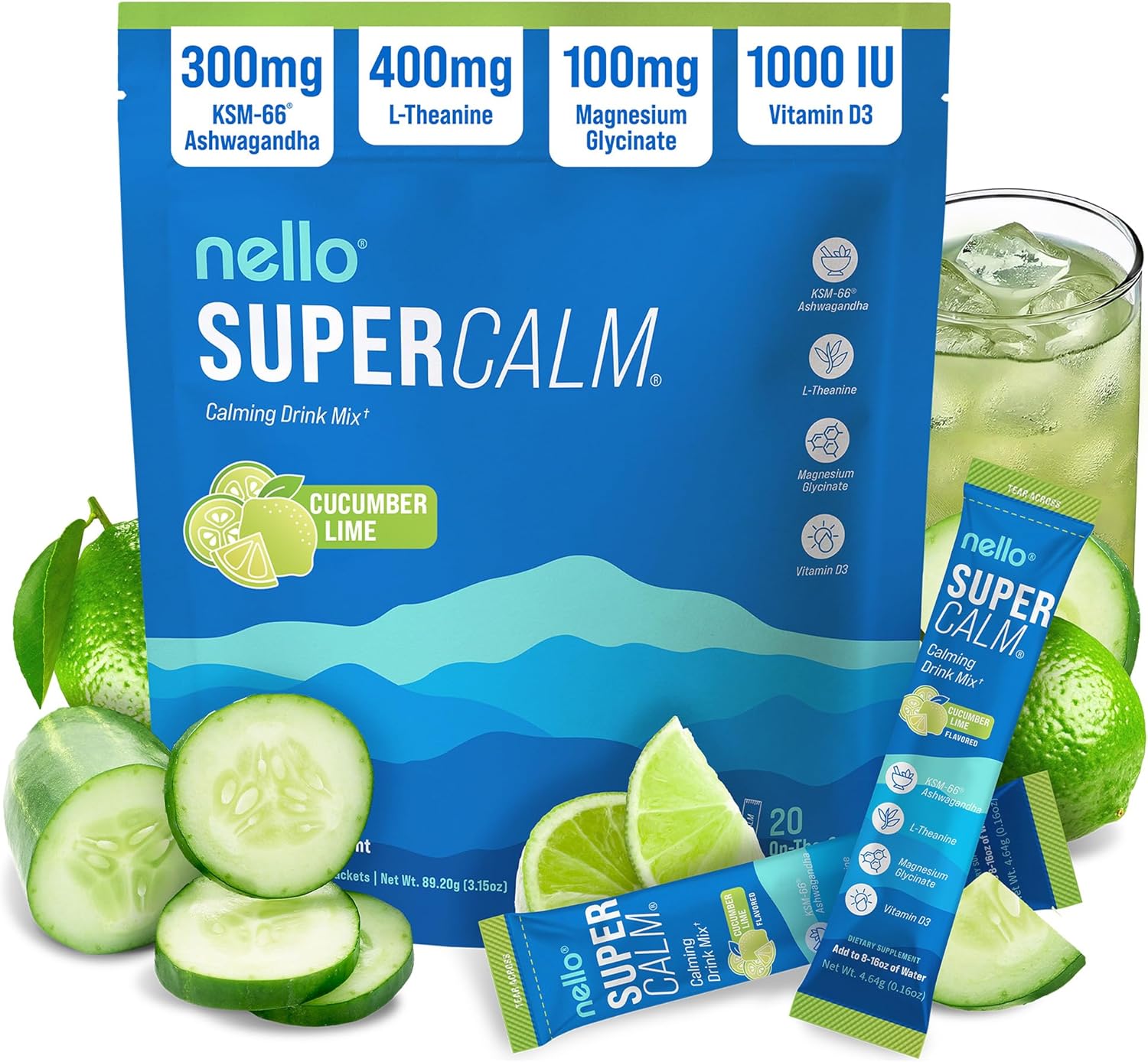 Supercalm Powdered Drink Mix, Cortisol Reducer and Sleep Aid Supplement, L Theanine, Ksm-66 Ashwagandha, Magnesium Glycinate, Vitamin D 3, No Sugar, Non GMO, on the Go, 20 Ct, Raspberry Lemonade