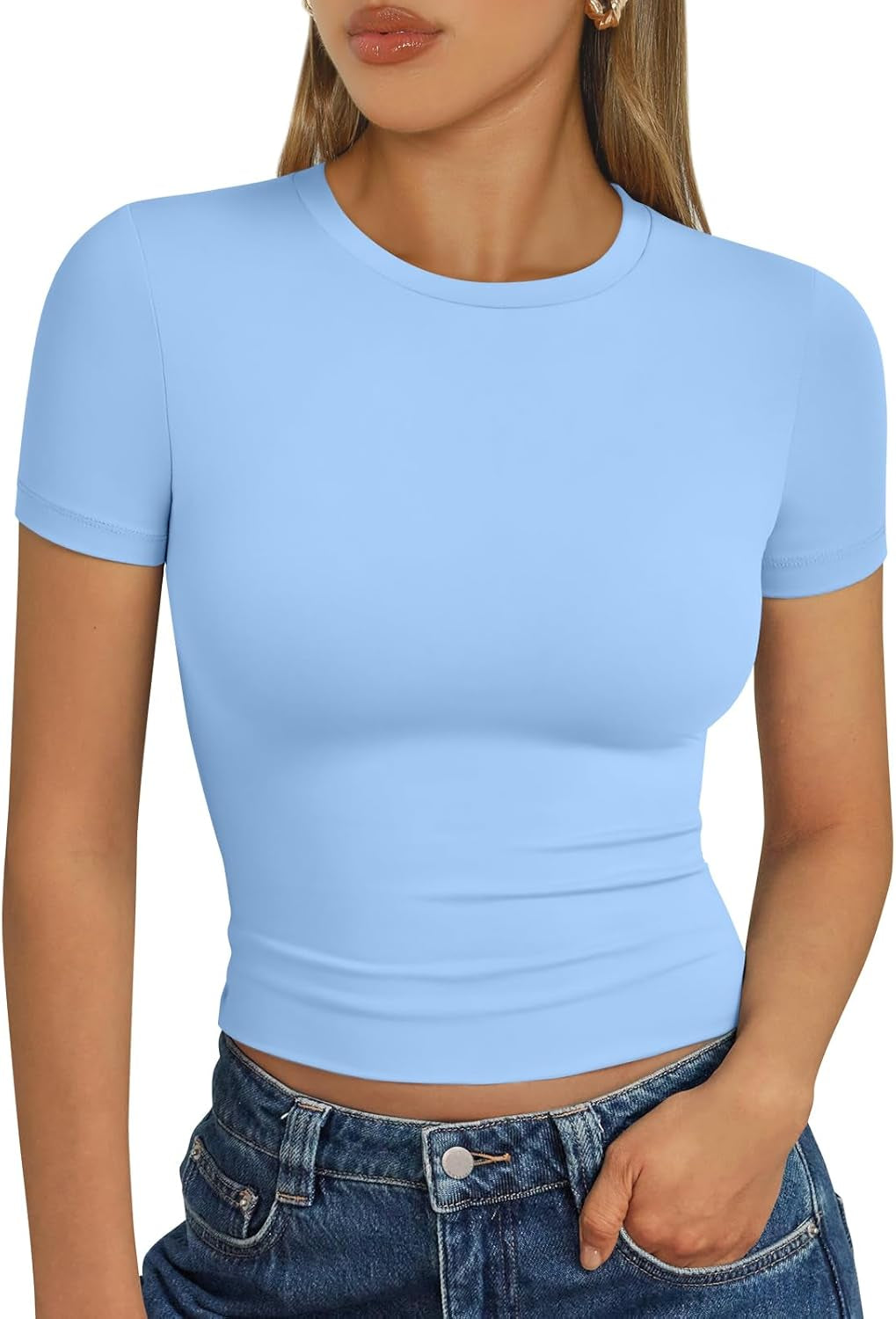 Womens Short Sleeve T Shirts - Buttery Soft Summer Crop Tops Slim Fit Y2K Basic Tees for Workout