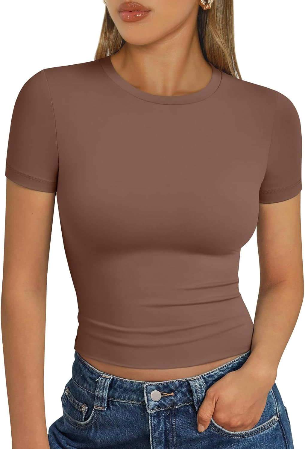 Womens Short Sleeve T Shirts - Buttery Soft Summer Crop Tops Slim Fit Y2K Basic Tees for Workout