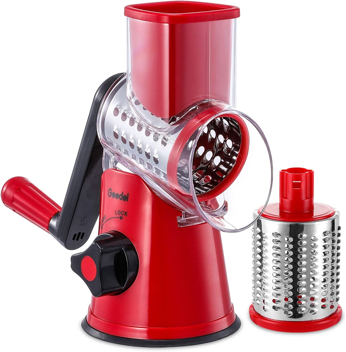 Rotary Cheese Grater, Kitchen Mandoline Vegetable Slicer with 3 Interchangeable Blades, Easy to Clean Rotary Grater Slicer for Fruit, Vegetables, Nuts