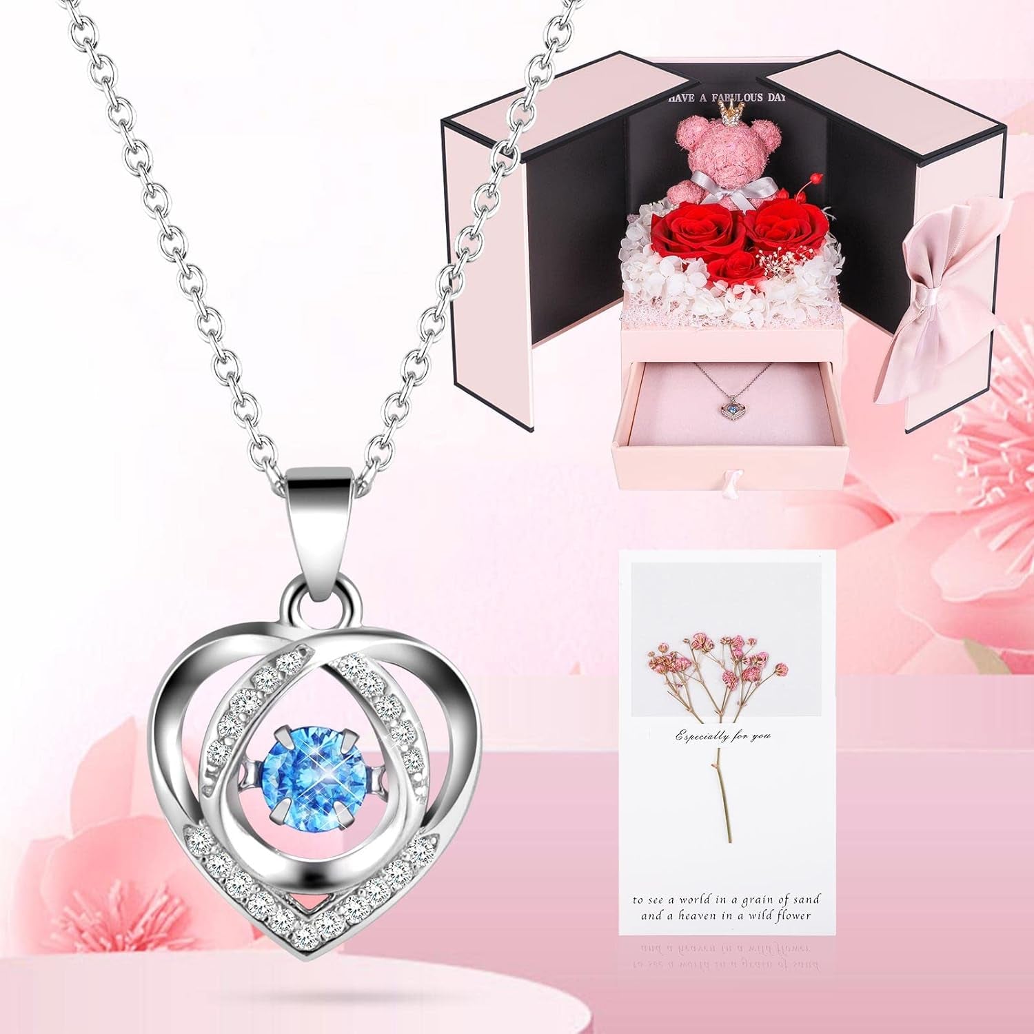 Preserved Real Red Rose with Sterling Silver Necklace Gift Set - Romantic Valentines Day Gifts for Wife, Girlfriend - Eternal Flowers Gifts for Anniversary, Birthday