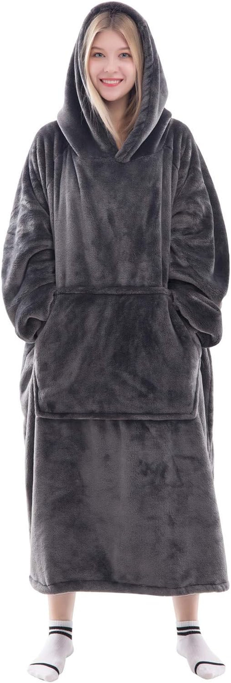 Wearable Blanket Sweatshirt Gifts for Women and Men, Warm and Cozy Giant Blanket Hoodie, Thick Flannel Blanket with Sleeves and Giant Pocket - Dark Gray
