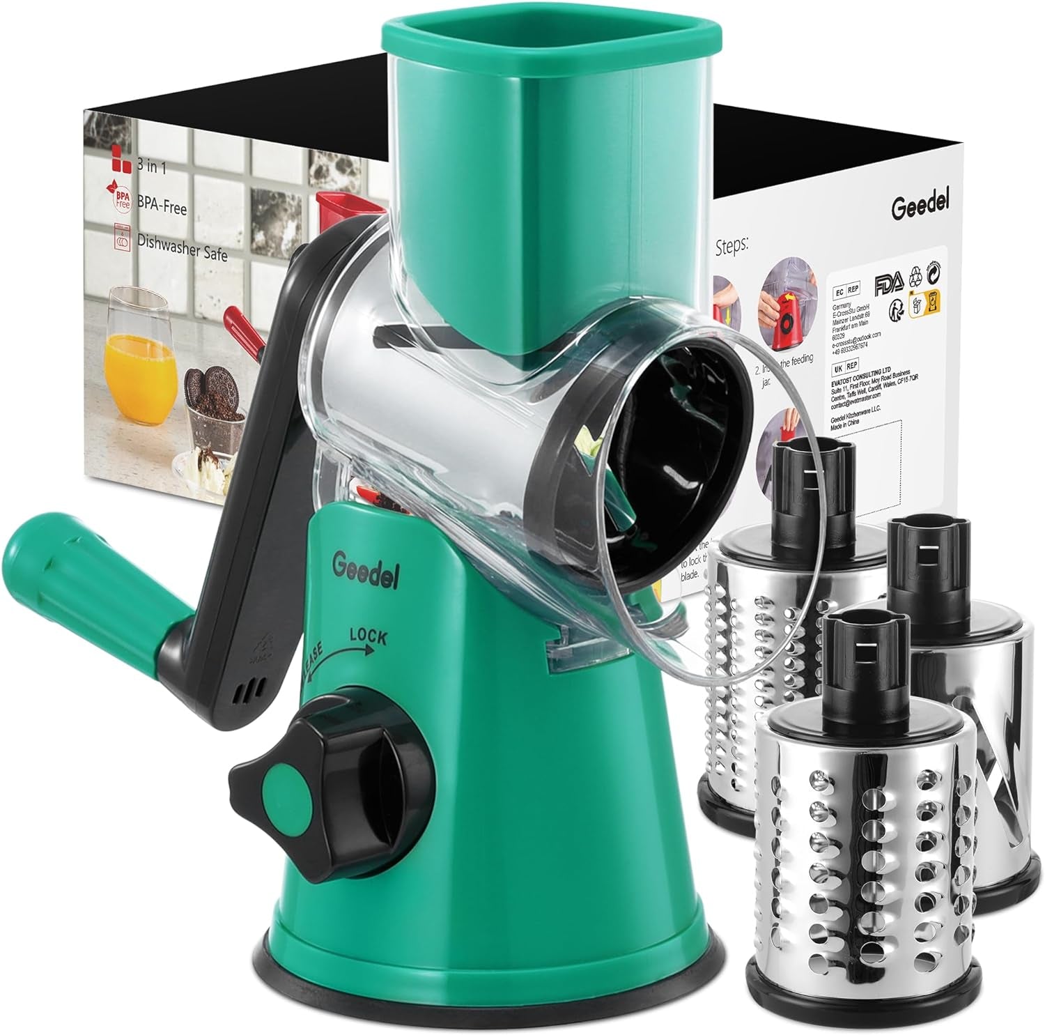 Rotary Cheese Grater, Kitchen Mandoline Vegetable Slicer with 3 Interchangeable Blades, Easy to Clean Rotary Grater Slicer for Fruit, Vegetables, Nuts