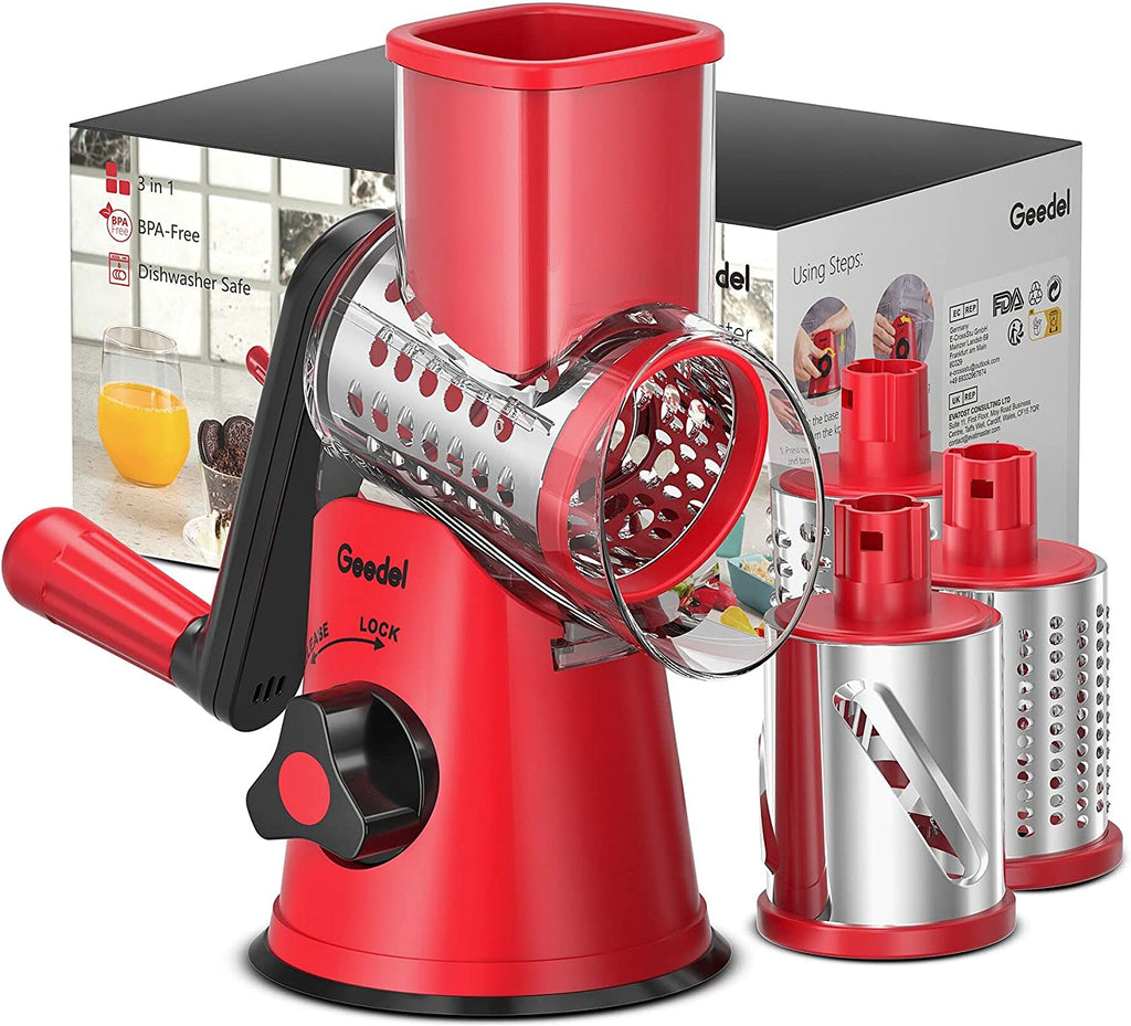 Rotary Cheese Grater, Kitchen Mandoline Vegetable Slicer with 3 Interchangeable Blades, Easy to Clean Rotary Grater Slicer for Fruit, Vegetables, Nuts