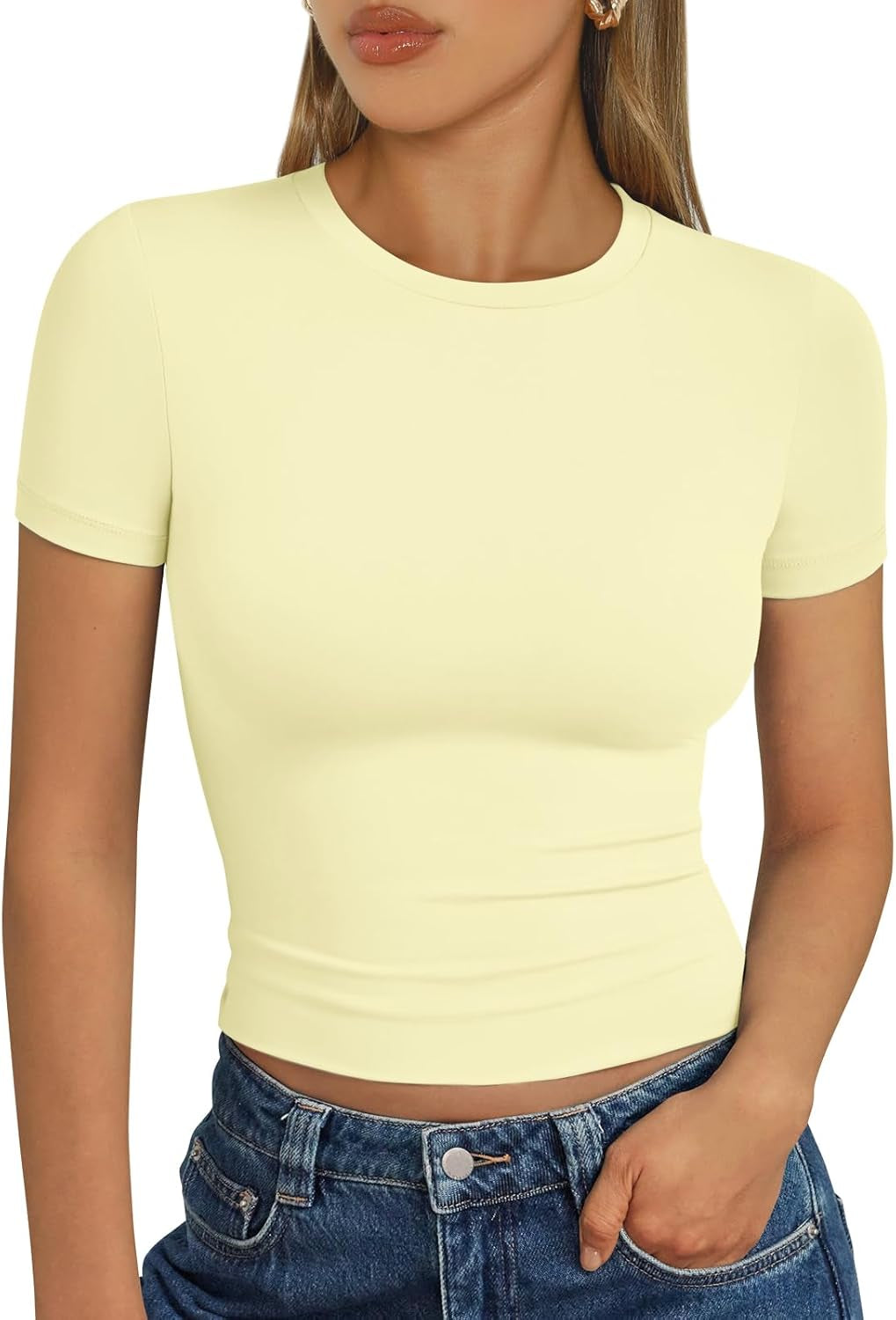 Womens Short Sleeve T Shirts - Buttery Soft Summer Crop Tops Slim Fit Y2K Basic Tees for Workout