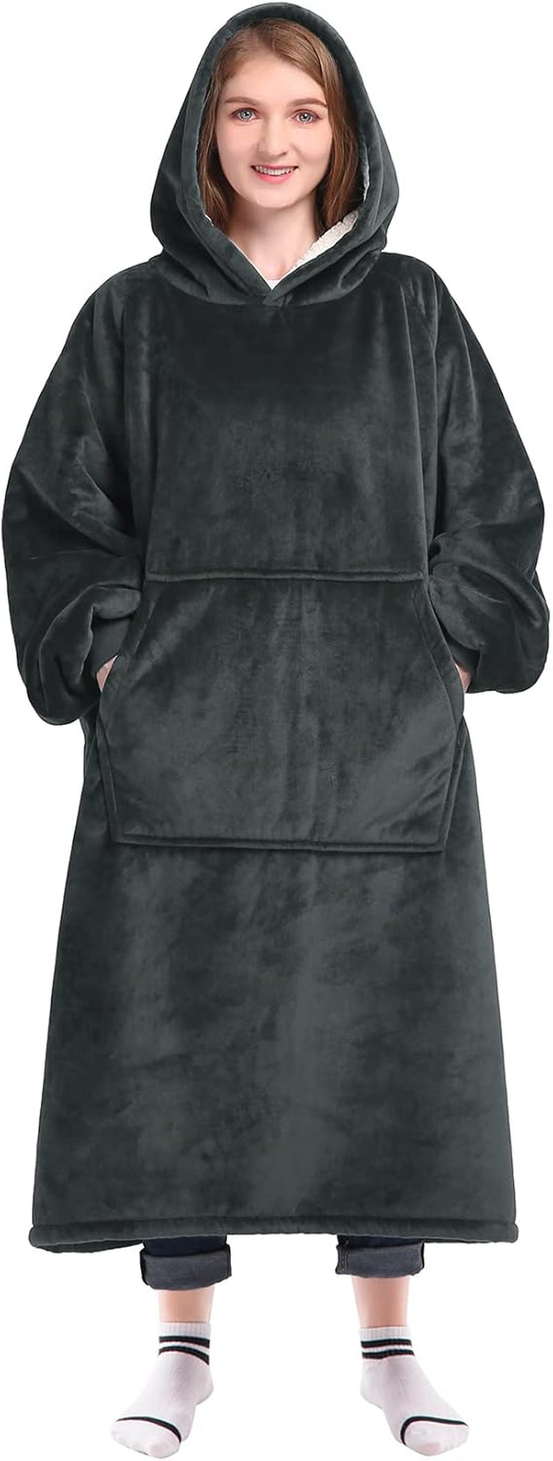 Wearable Blanket Sweatshirt Gifts for Women and Men, Warm and Cozy Giant Blanket Hoodie, Thick Flannel Blanket with Sleeves and Giant Pocket - Dark Gray