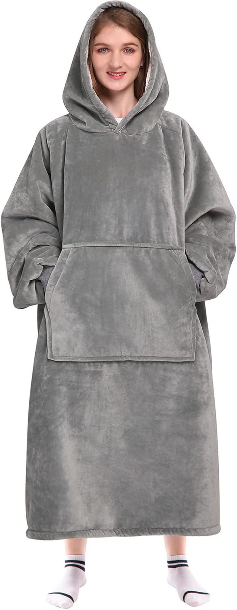 Wearable Blanket Sweatshirt Gifts for Women and Men, Warm and Cozy Giant Blanket Hoodie, Thick Flannel Blanket with Sleeves and Giant Pocket - Dark Gray