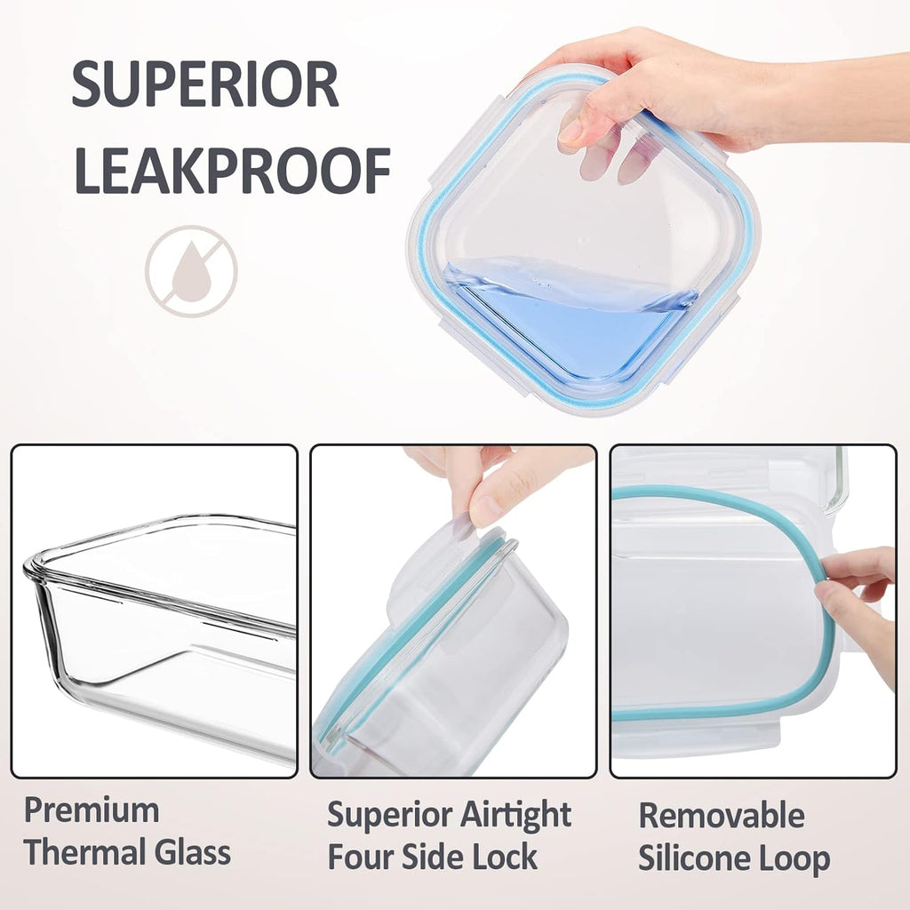 Glass Food Storage Containers with Lids Airtight 4 Pack, Glass Storage Containers with Lids for Food, Not Easy Broken & Leak Proof, Glass Containers with Lids for Oven/Dishwasher Safe, Blue