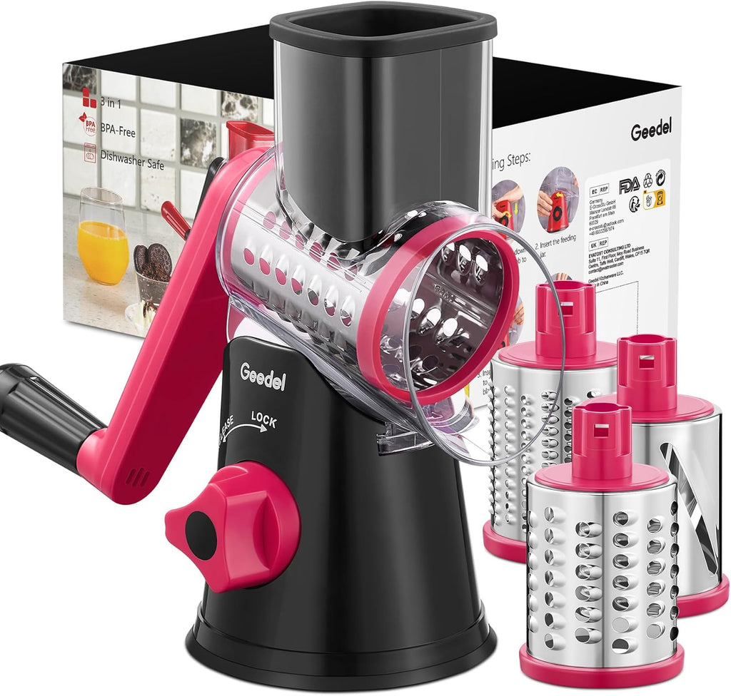 Rotary Cheese Grater, Kitchen Mandoline Vegetable Slicer with 3 Interchangeable Blades, Easy to Clean Rotary Grater Slicer for Fruit, Vegetables, Nuts
