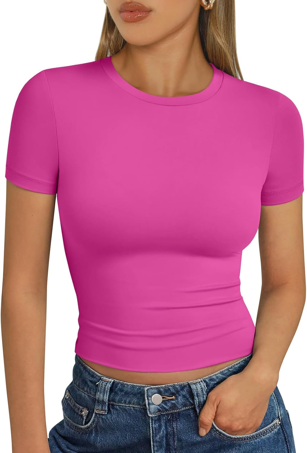Womens Short Sleeve T Shirts - Buttery Soft Summer Crop Tops Slim Fit Y2K Basic Tees for Workout