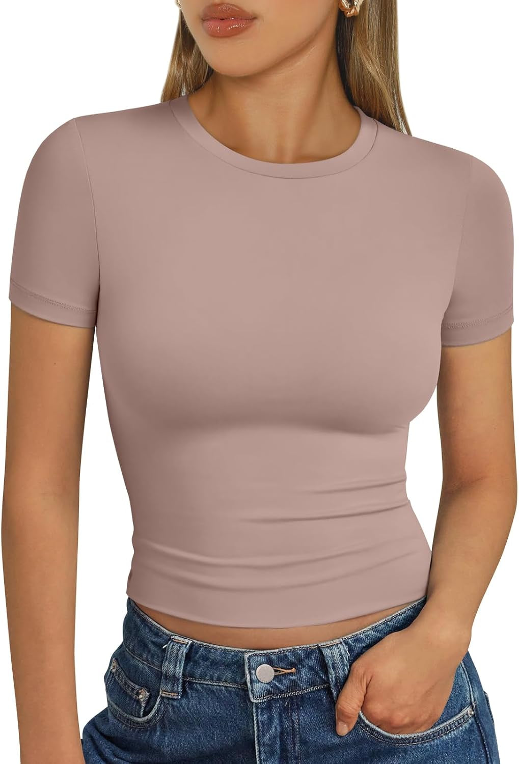 Womens Short Sleeve T Shirts - Buttery Soft Summer Crop Tops Slim Fit Y2K Basic Tees for Workout