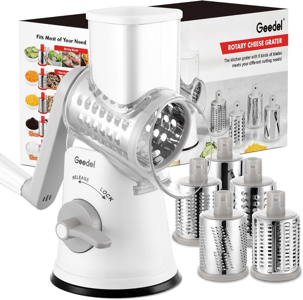 Rotary Cheese Grater, Kitchen Mandoline Vegetable Slicer with 3 Interchangeable Blades, Easy to Clean Rotary Grater Slicer for Fruit, Vegetables, Nuts