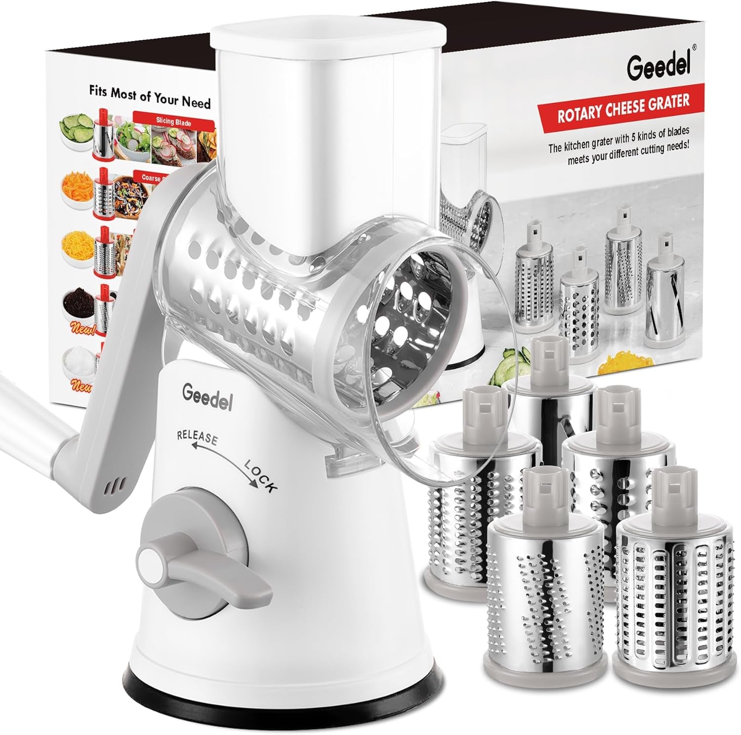 Rotary Cheese Grater, Kitchen Mandoline Vegetable Slicer with 3 Interchangeable Blades, Easy to Clean Rotary Grater Slicer for Fruit, Vegetables, Nuts