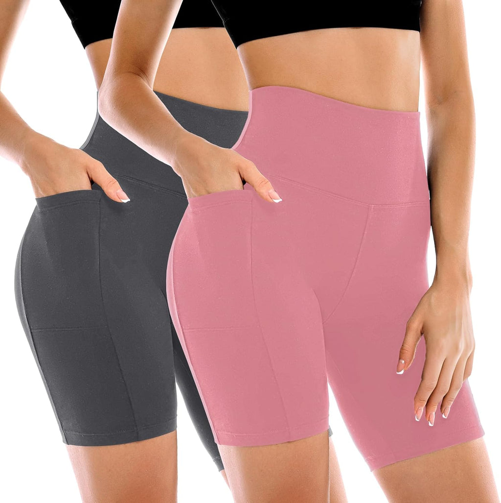 2 Pack Womens Biker Shorts with Pockets, High Waisted Yoga Shorts for Women Running Gym and Workout