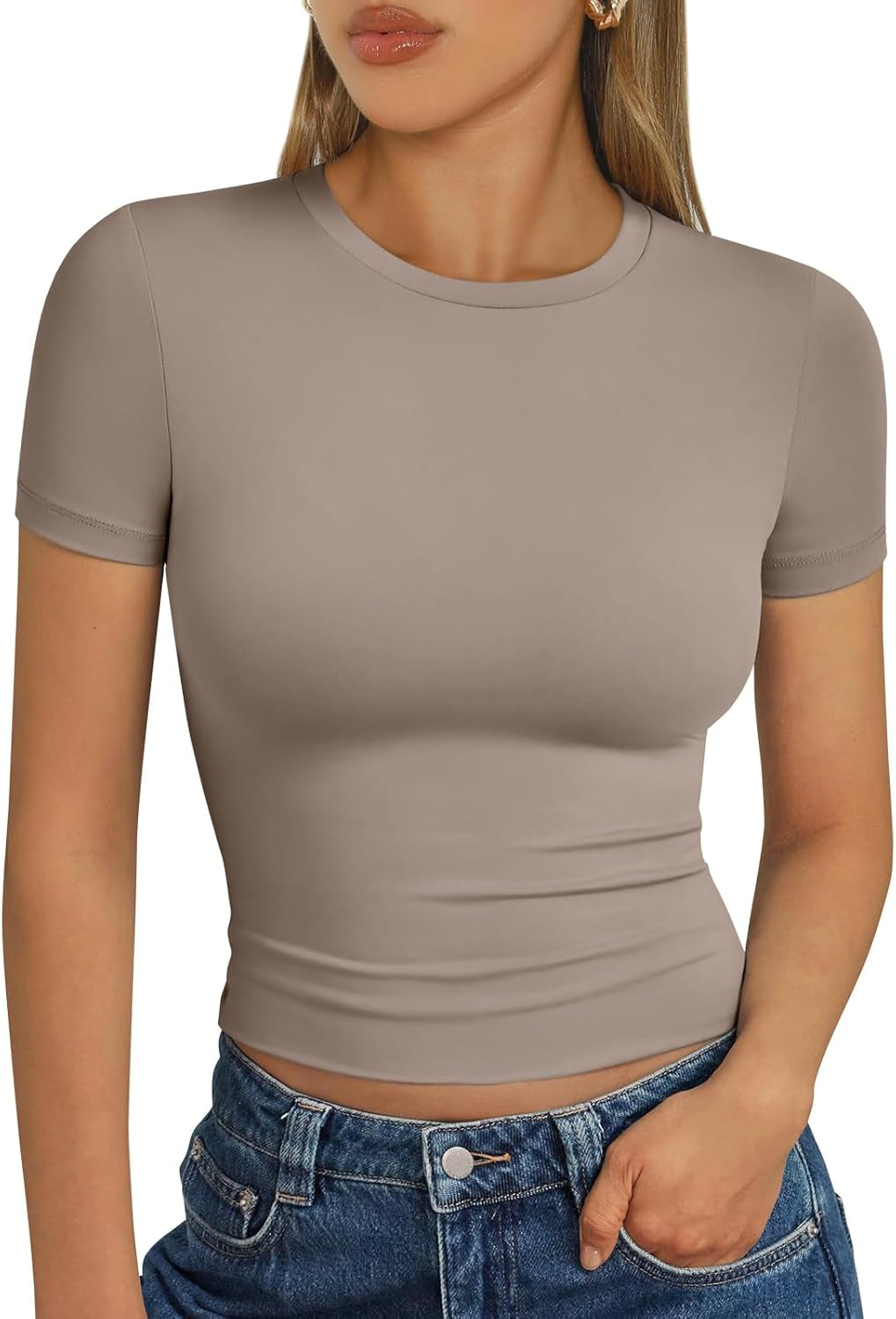 Womens Short Sleeve T Shirts - Buttery Soft Summer Crop Tops Slim Fit Y2K Basic Tees for Workout