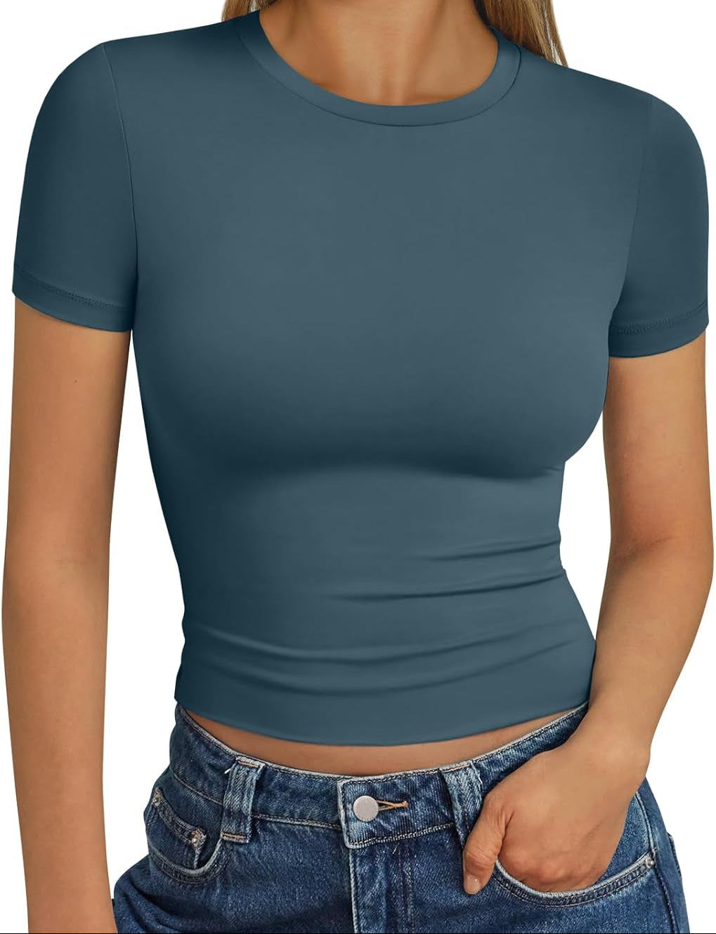 Womens Short Sleeve T Shirts - Buttery Soft Summer Crop Tops Slim Fit Y2K Basic Tees for Workout