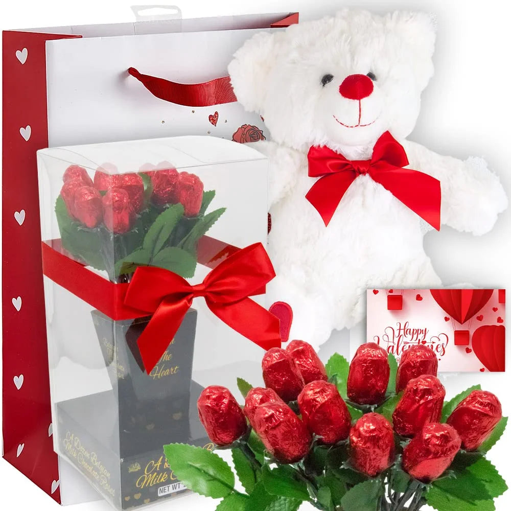 Valentine Gift Basket with Teddy Bear, Chocolate Rose Bouquet, Gift Bag & Card – Christmas or Valentine’S Day Gift for Her, Wife, Girlfriend, Mom, Daughter