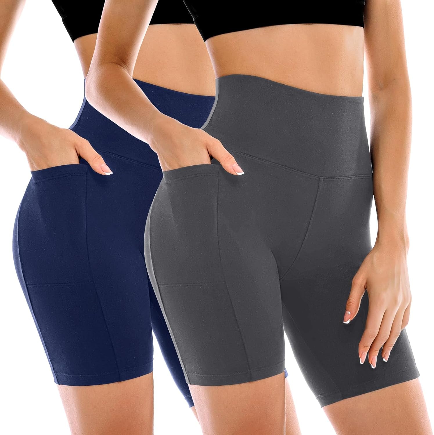 2 Pack Womens Biker Shorts with Pockets, High Waisted Yoga Shorts for Women Running Gym and Workout