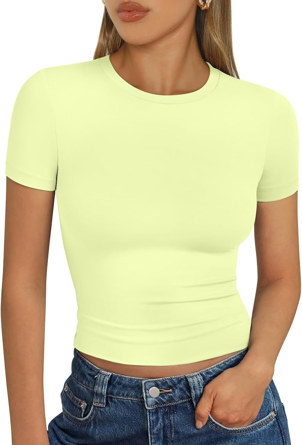 Womens Short Sleeve T Shirts - Buttery Soft Summer Crop Tops Slim Fit Y2K Basic Tees for Workout