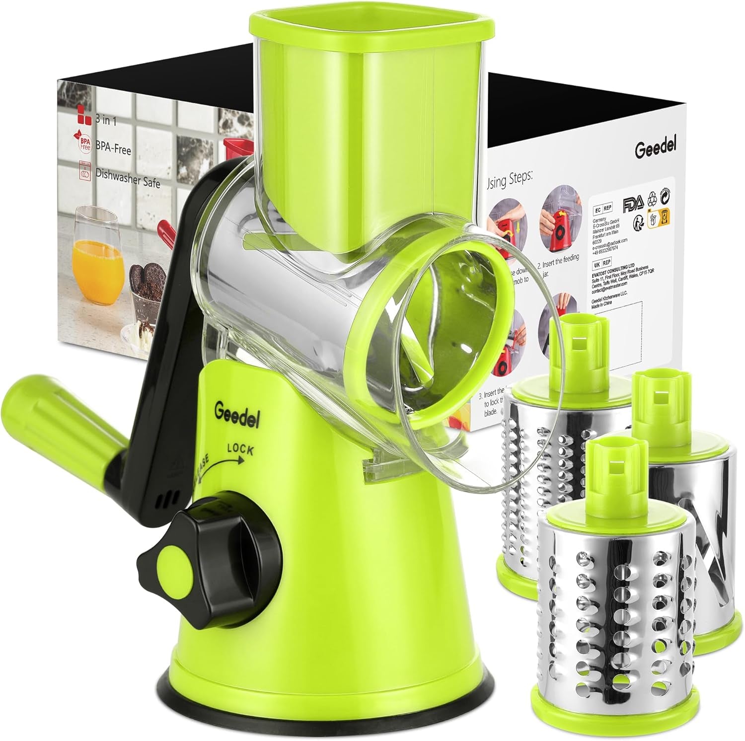 Rotary Cheese Grater, Kitchen Mandoline Vegetable Slicer with 3 Interchangeable Blades, Easy to Clean Rotary Grater Slicer for Fruit, Vegetables, Nuts