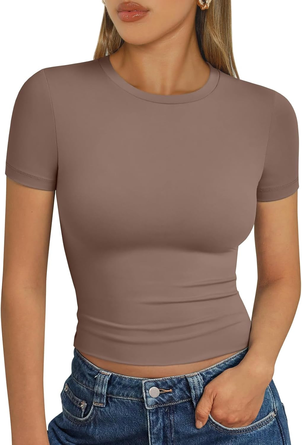 Womens Short Sleeve T Shirts - Buttery Soft Summer Crop Tops Slim Fit Y2K Basic Tees for Workout