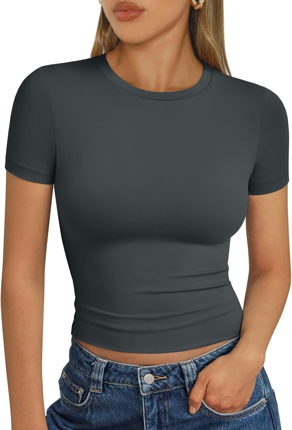 Womens Short Sleeve T Shirts - Buttery Soft Summer Crop Tops Slim Fit Y2K Basic Tees for Workout
