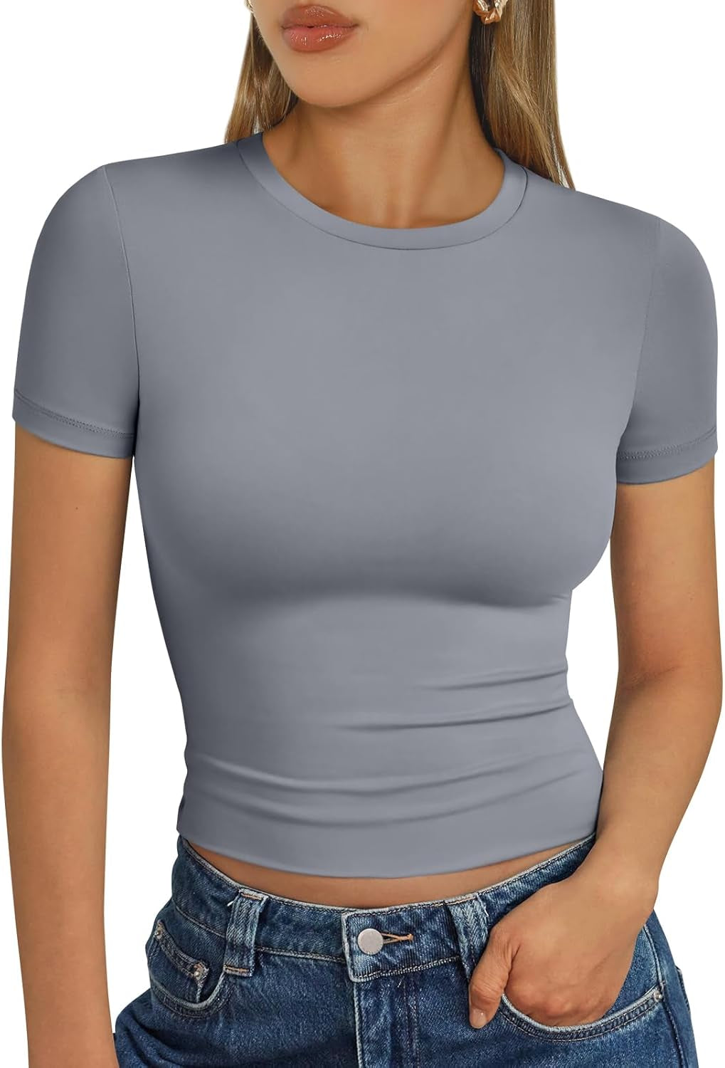 Womens Short Sleeve T Shirts - Buttery Soft Summer Crop Tops Slim Fit Y2K Basic Tees for Workout