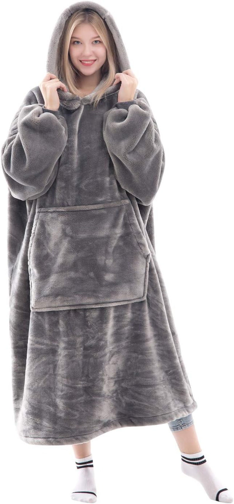 Wearable Blanket Sweatshirt Gifts for Women and Men, Warm and Cozy Giant Blanket Hoodie, Thick Flannel Blanket with Sleeves and Giant Pocket - Dark Gray
