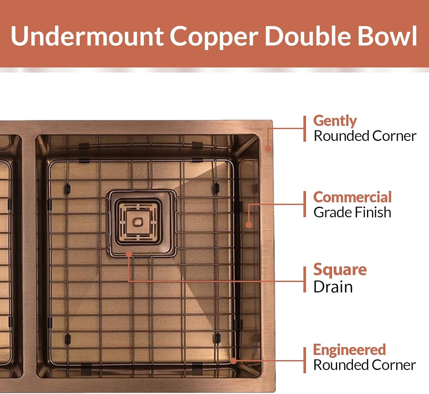 32 Inch Undermount Kitchen Sink - 16 Guage 50/50 Double Bowl Kitchen Sink - Stain & Rust Resistant Copper Kitchen Sink with Bottom Grid, 1 Disposal Adapter & 2 Strainer Drains