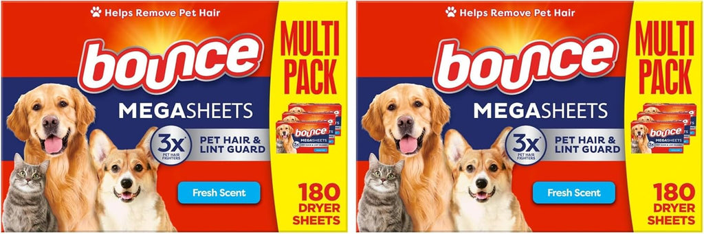 Pet Hair and Lint Guard Mega Dryer Sheets with 3X Pet Hair Fighters, Fresh Scent, 180 Count