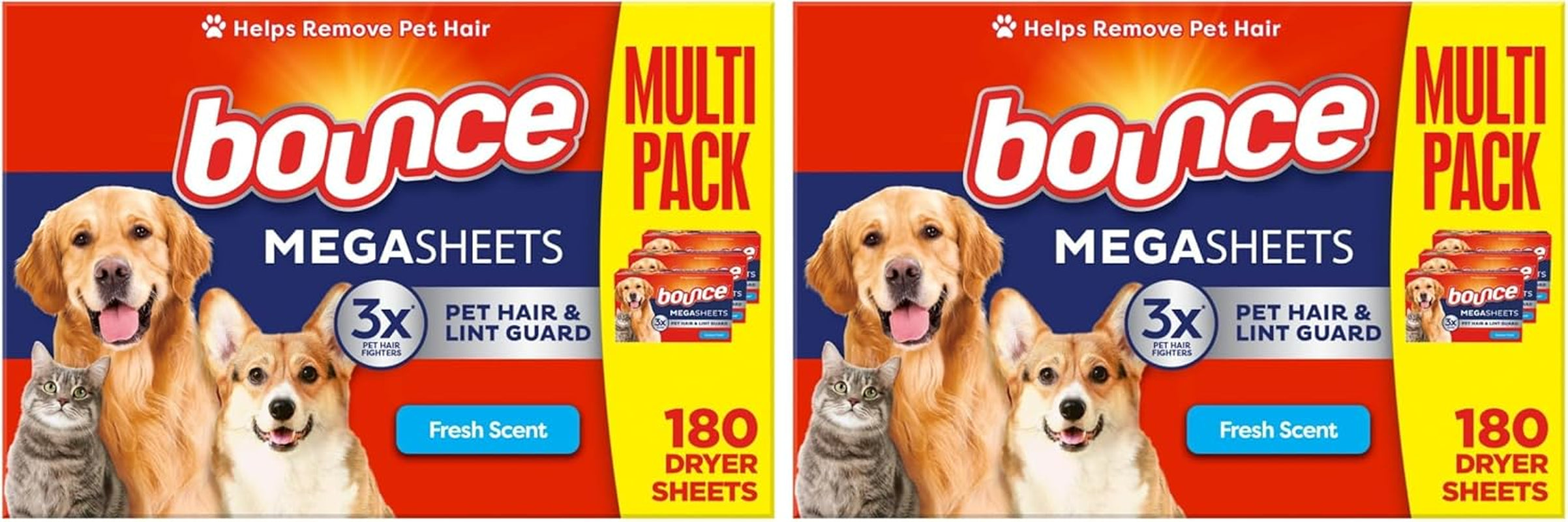 Pet Hair and Lint Guard Mega Dryer Sheets with 3X Pet Hair Fighters, Fresh Scent, 180 Count