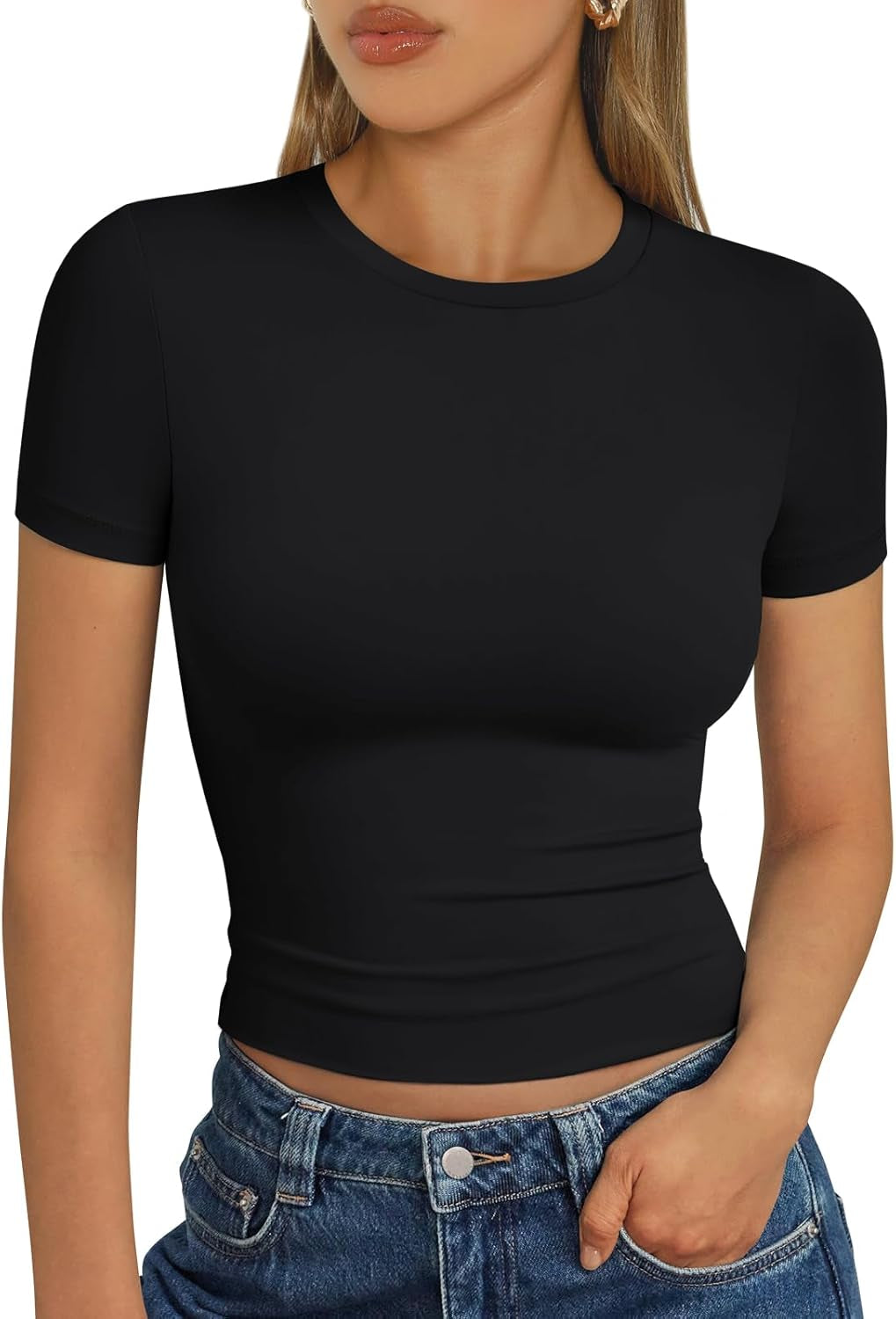 Womens Short Sleeve T Shirts - Buttery Soft Summer Crop Tops Slim Fit Y2K Basic Tees for Workout