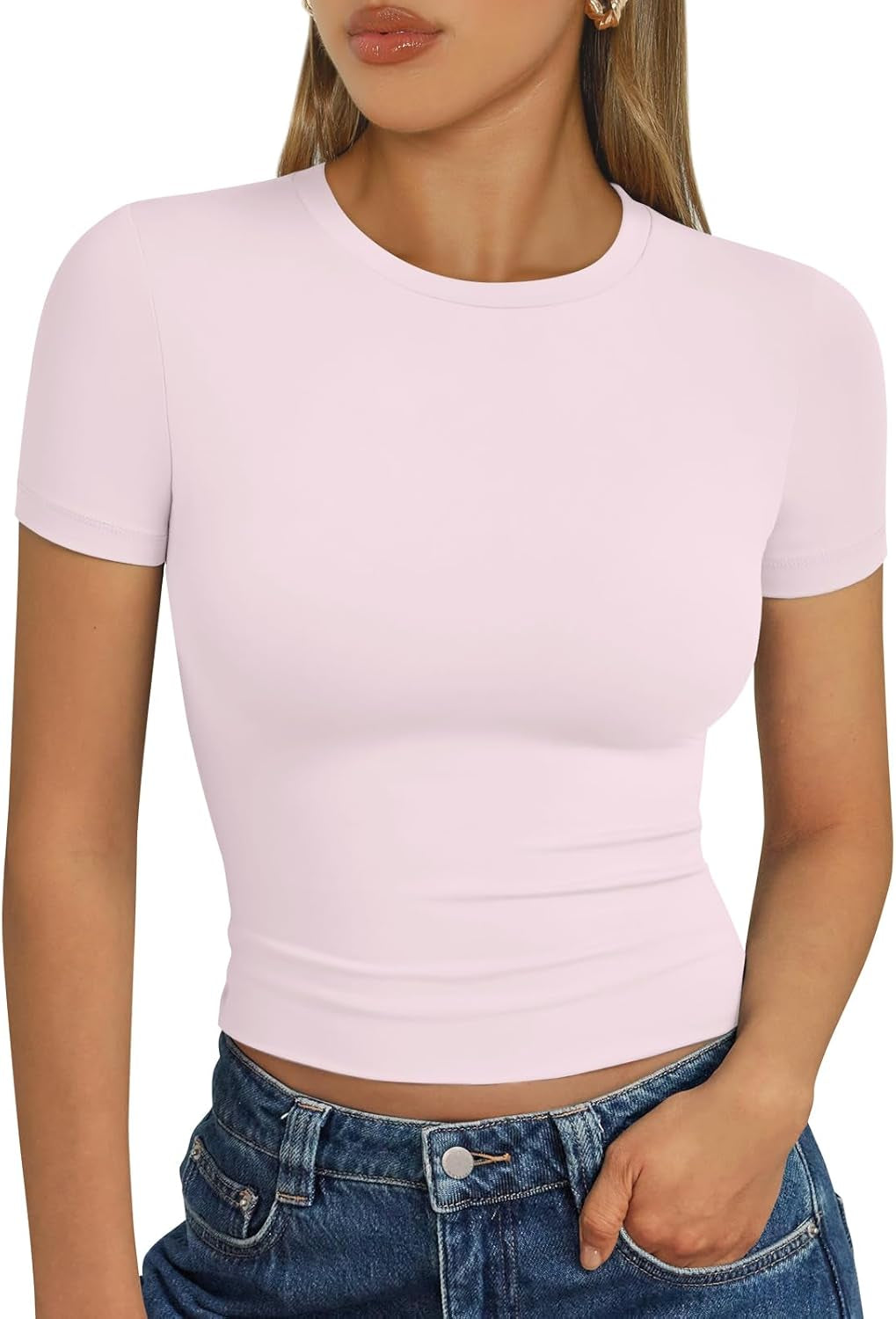 Womens Short Sleeve T Shirts - Buttery Soft Summer Crop Tops Slim Fit Y2K Basic Tees for Workout