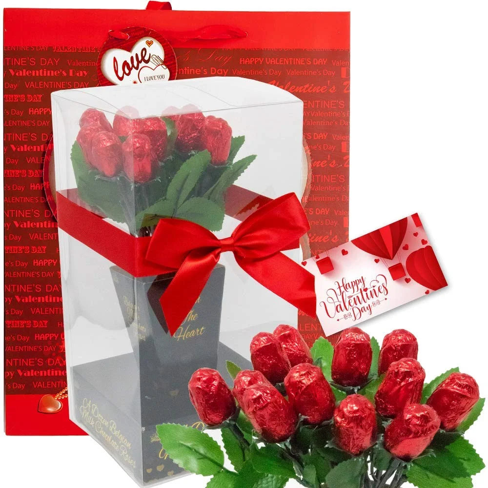 Valentine Gift Basket with Teddy Bear, Chocolate Rose Bouquet, Gift Bag & Card – Christmas or Valentine’S Day Gift for Her, Wife, Girlfriend, Mom, Daughter