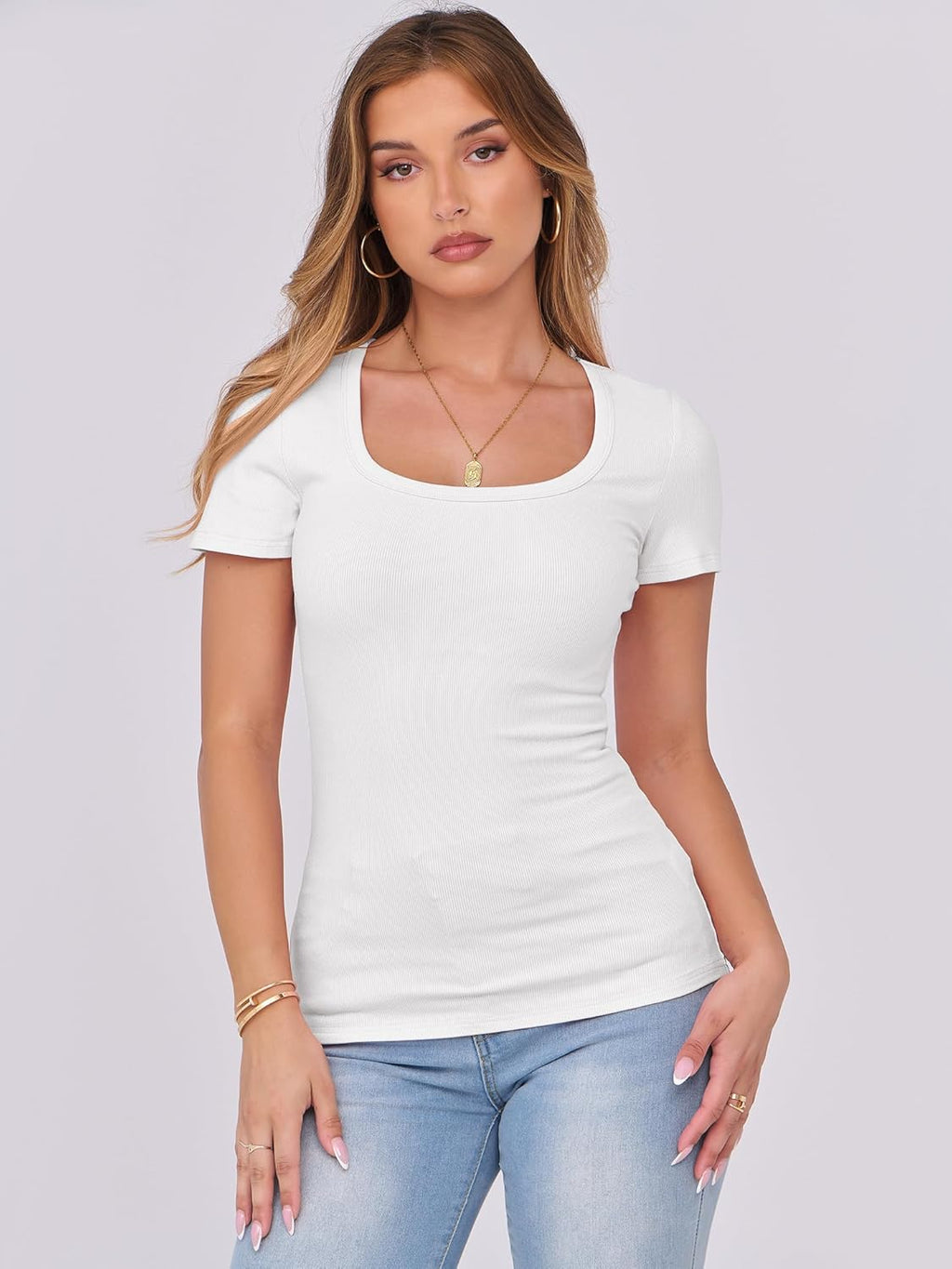Women Short Sleeve Tops Scoop Neck Ribbed Knit Slim Fitted Basic Tee Shirt Casual Summer Clothes 2026 Spring Outfits