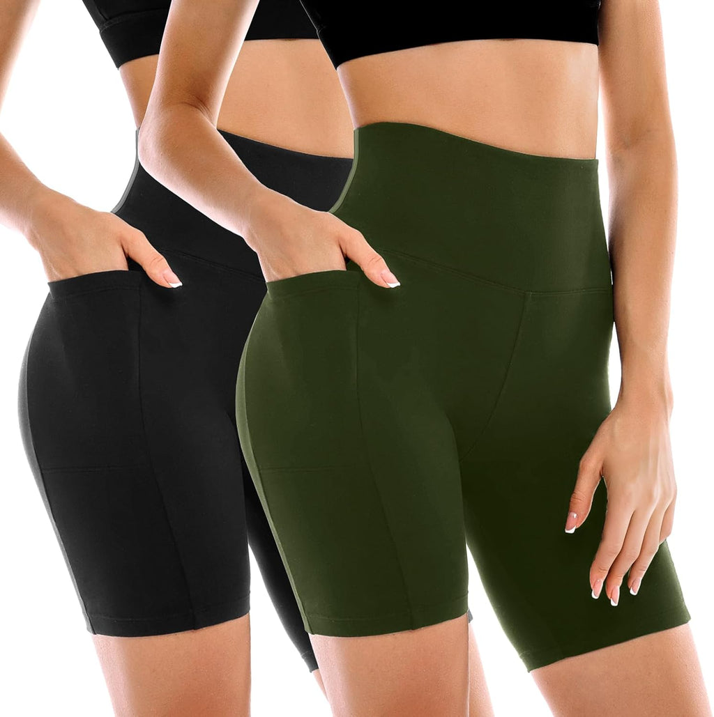 2 Pack Womens Biker Shorts with Pockets, High Waisted Yoga Shorts for Women Running Gym and Workout
