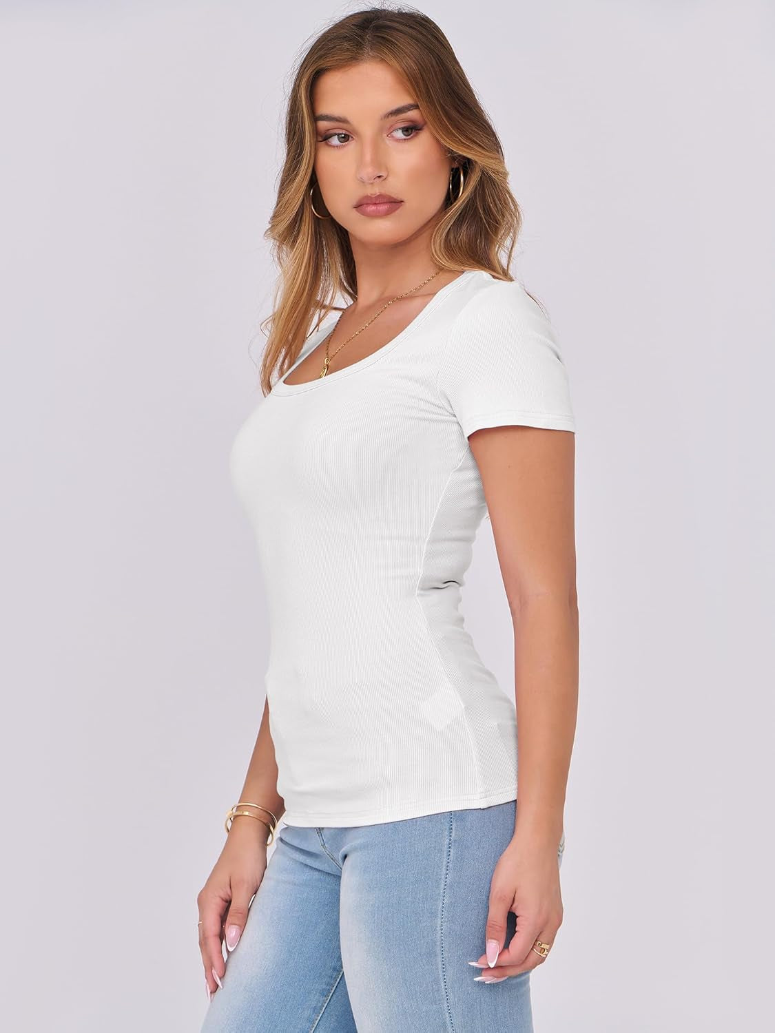 Women Short Sleeve Tops Scoop Neck Ribbed Knit Slim Fitted Basic Tee Shirt Casual Summer Clothes 2026 Spring Outfits