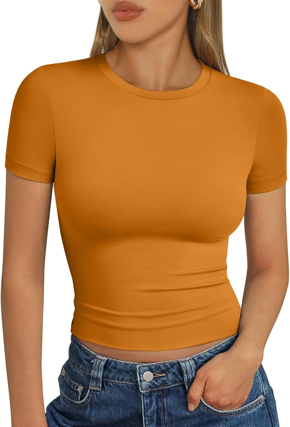 Womens Short Sleeve T Shirts - Buttery Soft Summer Crop Tops Slim Fit Y2K Basic Tees for Workout