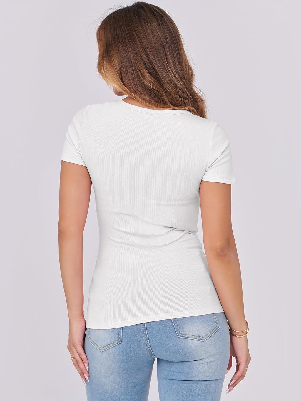 Women Short Sleeve Tops Scoop Neck Ribbed Knit Slim Fitted Basic Tee Shirt Casual Summer Clothes 2026 Spring Outfits