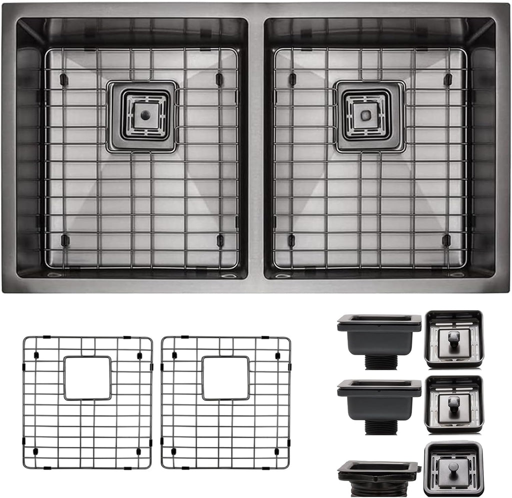 32 Inch Undermount Kitchen Sink - 16 Guage 50/50 Double Bowl Kitchen Sink - Stain & Rust Resistant Copper Kitchen Sink with Bottom Grid, 1 Disposal Adapter & 2 Strainer Drains