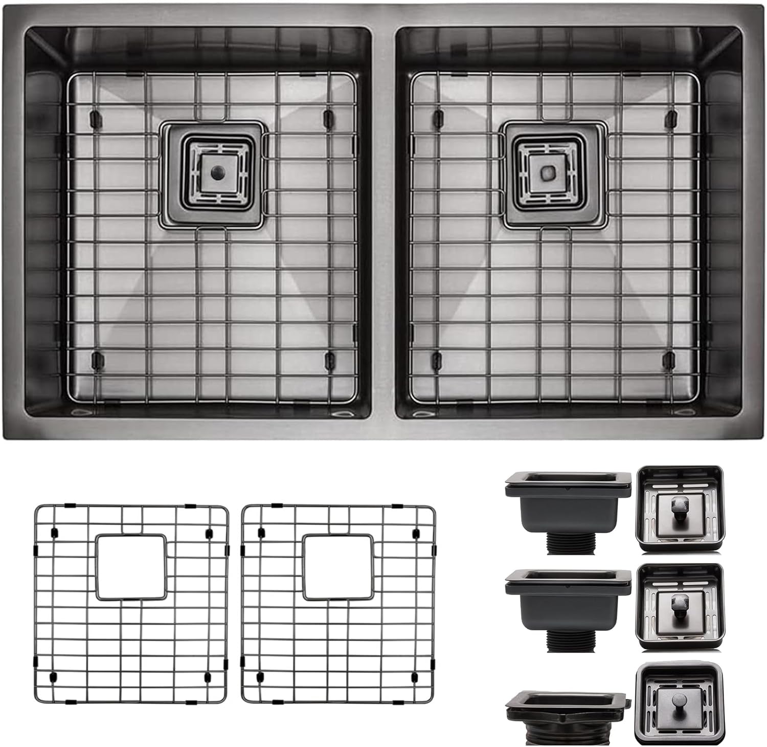 32 Inch Undermount Kitchen Sink - 16 Guage 50/50 Double Bowl Kitchen Sink - Stain & Rust Resistant Copper Kitchen Sink with Bottom Grid, 1 Disposal Adapter & 2 Strainer Drains