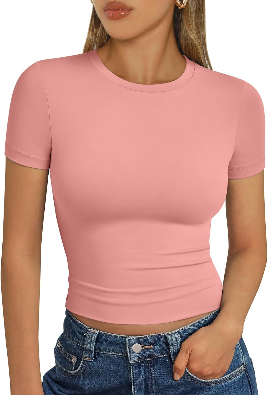 Womens Short Sleeve T Shirts - Buttery Soft Summer Crop Tops Slim Fit Y2K Basic Tees for Workout