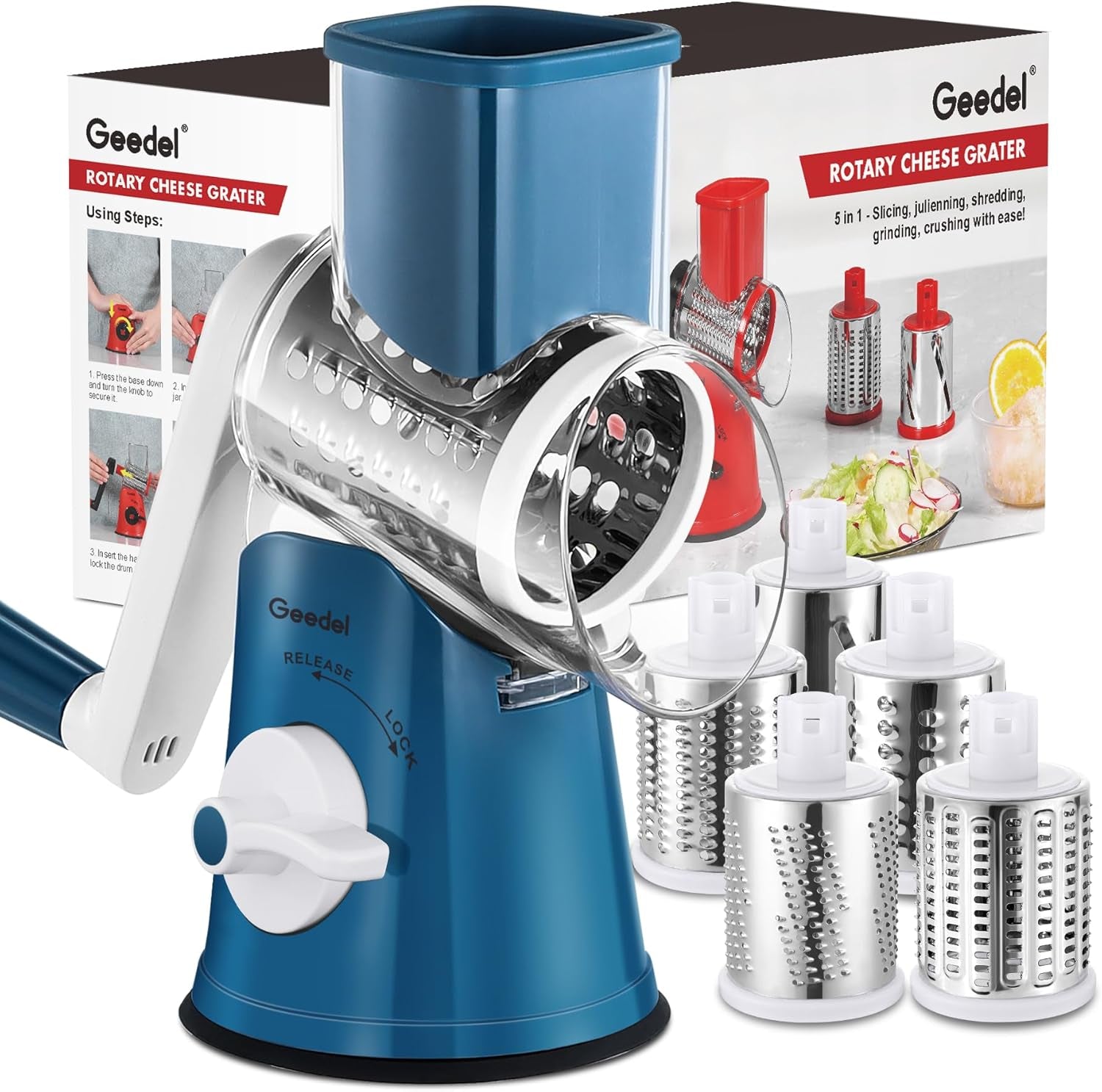 Rotary Cheese Grater, Kitchen Mandoline Vegetable Slicer with 3 Interchangeable Blades, Easy to Clean Rotary Grater Slicer for Fruit, Vegetables, Nuts