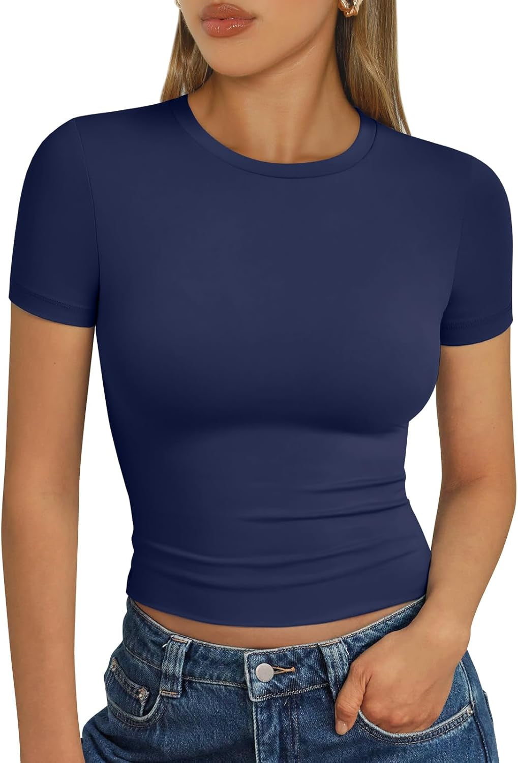 Womens Short Sleeve T Shirts - Buttery Soft Summer Crop Tops Slim Fit Y2K Basic Tees for Workout