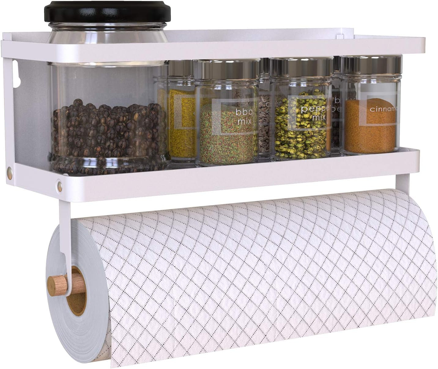 Magnetic Paper Towel Holder, 2-In-1 Magnetic Spice Rack with Hooks,Wall Mount Shelf Towel Rack for Refrigerator (Black, with Hook)