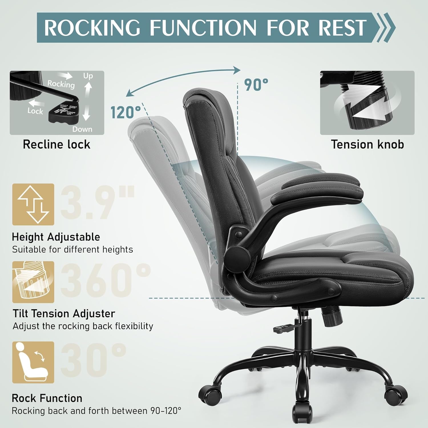 Leather Office Chair, PU Home Computer Desk Chairs with Ergonomic Back Support, 360°Swivel Free, Small Gaming Chair with Wheels and Adjustable Armrests, for Short People Use