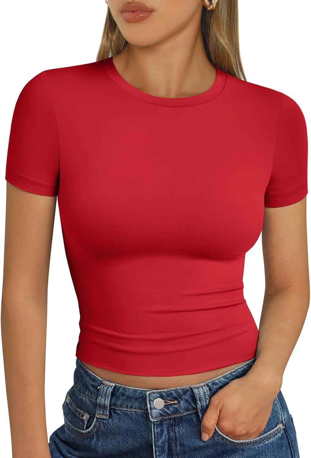 Womens Short Sleeve T Shirts - Buttery Soft Summer Crop Tops Slim Fit Y2K Basic Tees for Workout